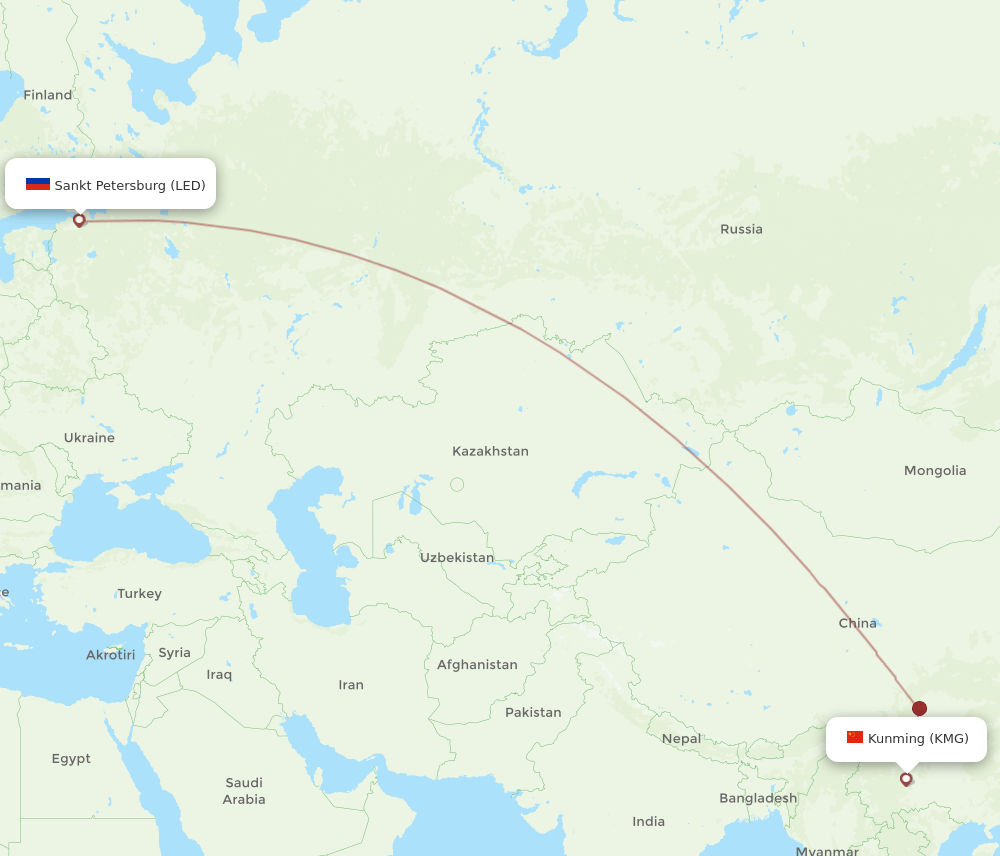 Saint Petersburg - Kunming route map and flight paths
