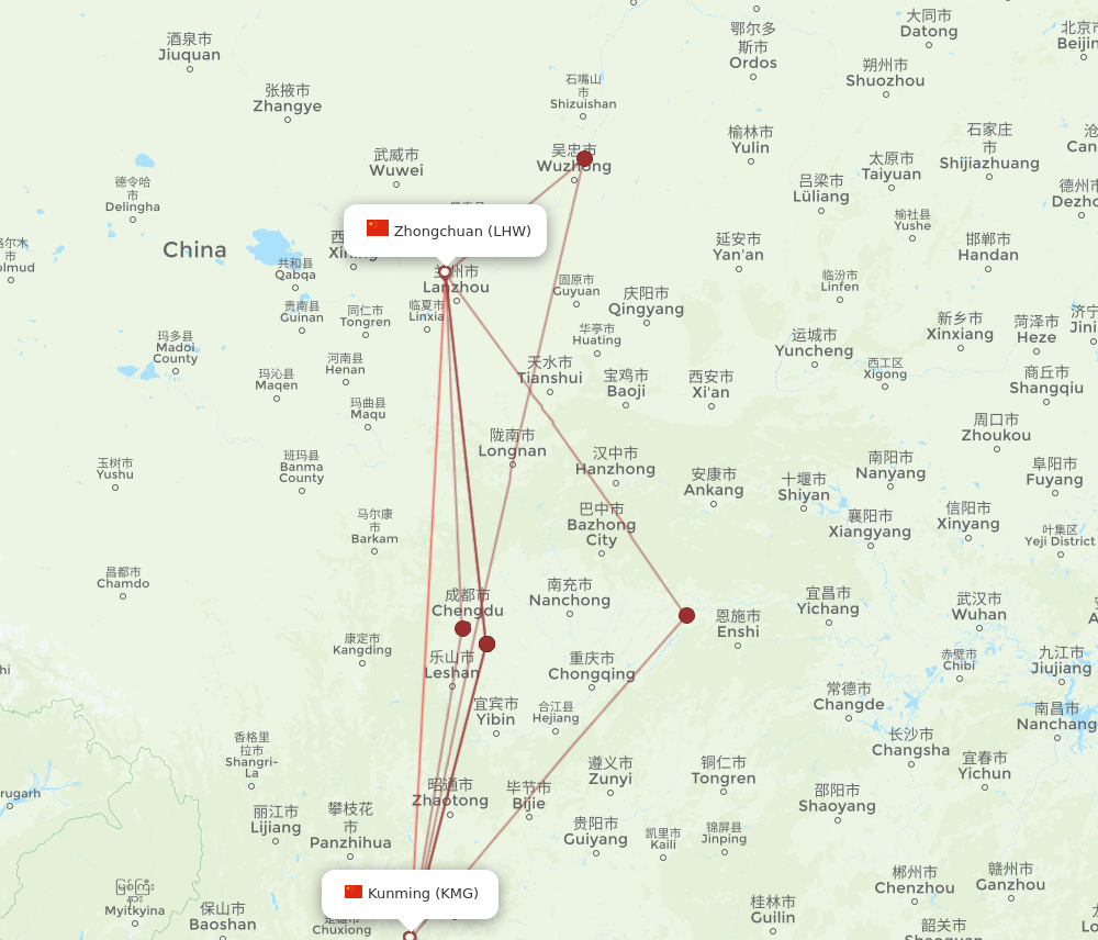 KMG-LHW flight routes