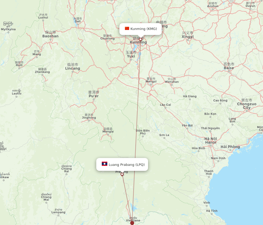 Luang Prabang - Kunming route map and flight paths
