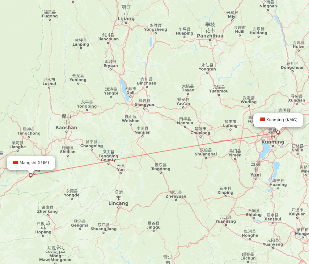 Kunming - Mangshi route map and flight paths
