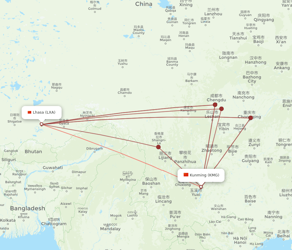 KMG-LXA flight routes