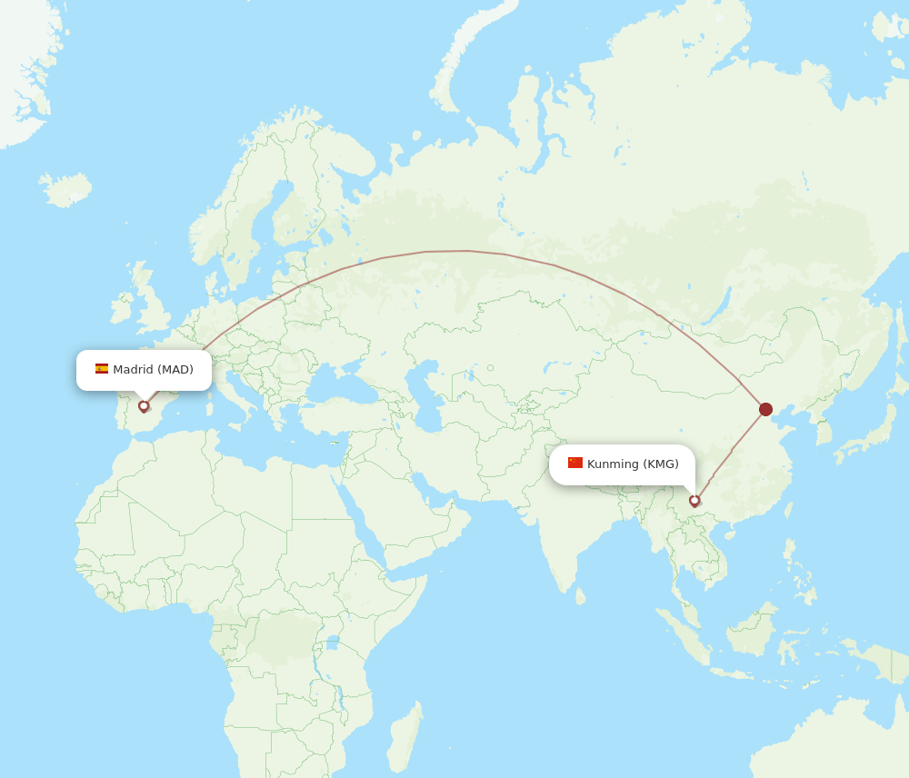 Madrid - Kunming route map and flight paths