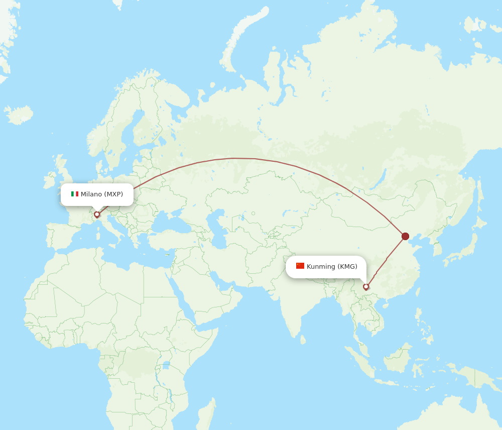 Milan - Kunming route map and flight paths