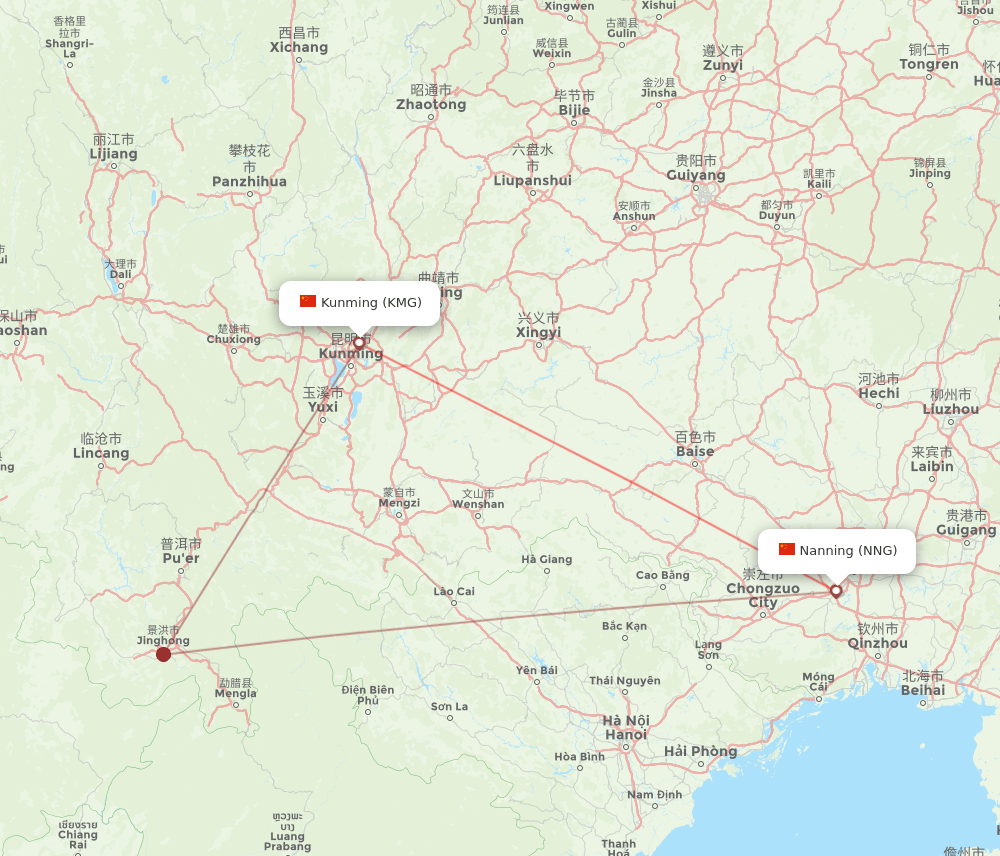Kunming - Nanning route map and flight paths