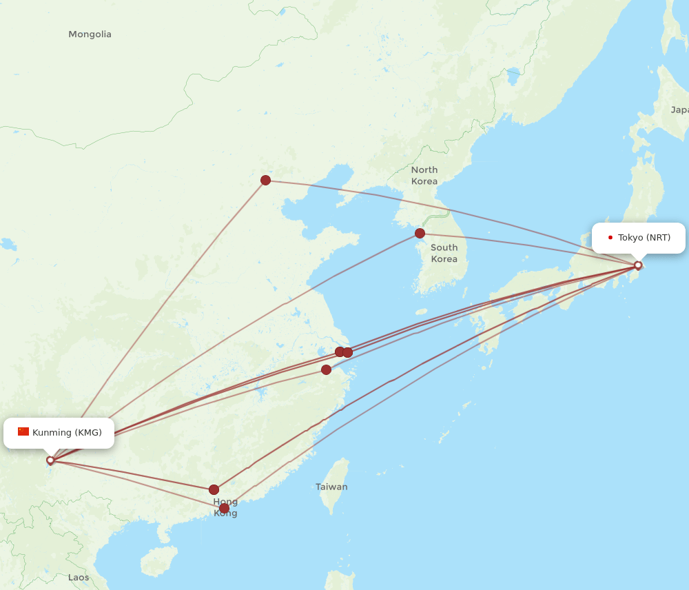KMG-NRT flight routes