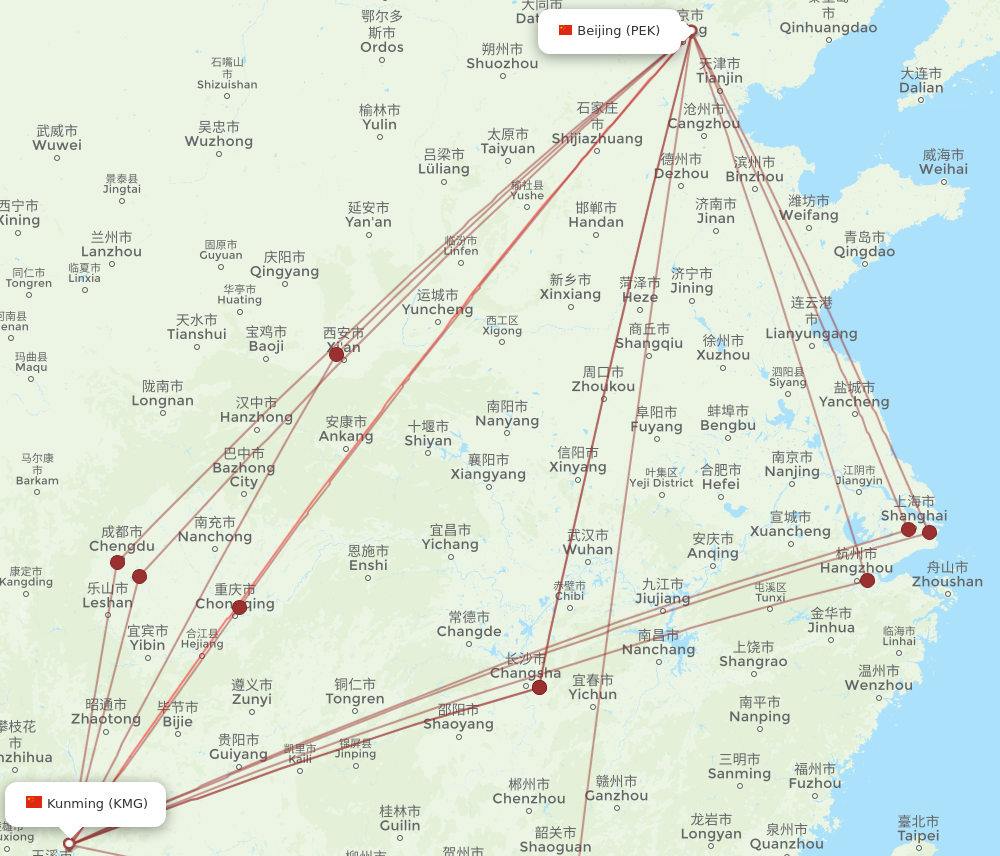 KMG to PEK flights and routes map