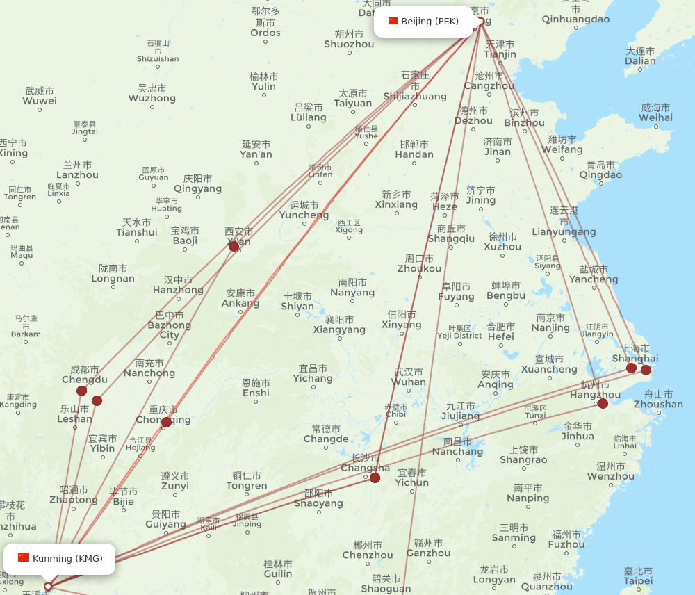 KMG-PEK flight routes
