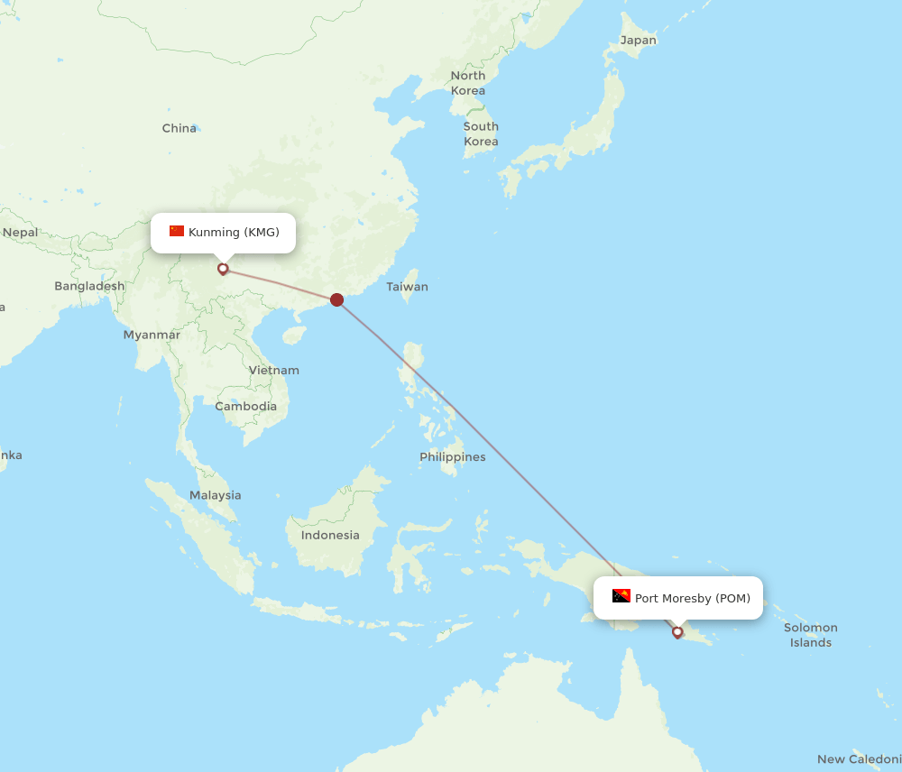 Port Moresby - Kunming route map and flight paths