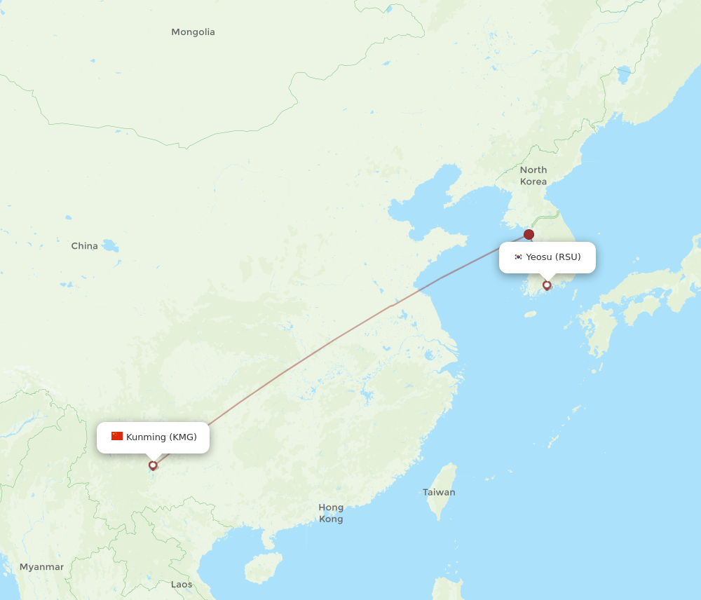 Kunming - Yeosu route map and flight paths