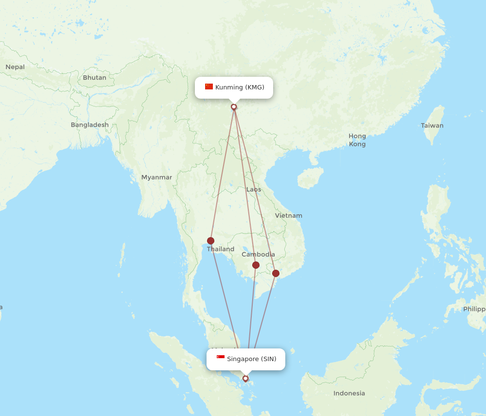 KMG to SIN flights and routes map