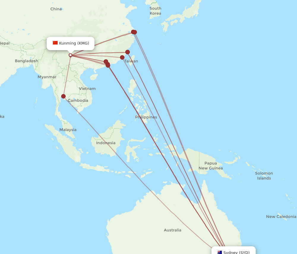 KMG-SYD flight routes