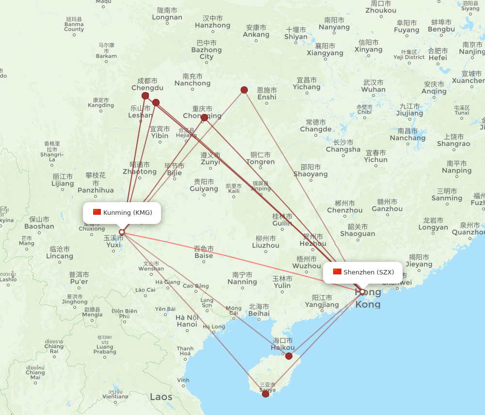 KMG to SZX flights and routes map