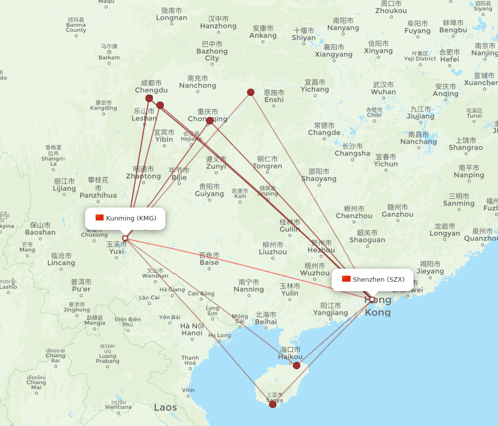 KMG-SZX flight routes