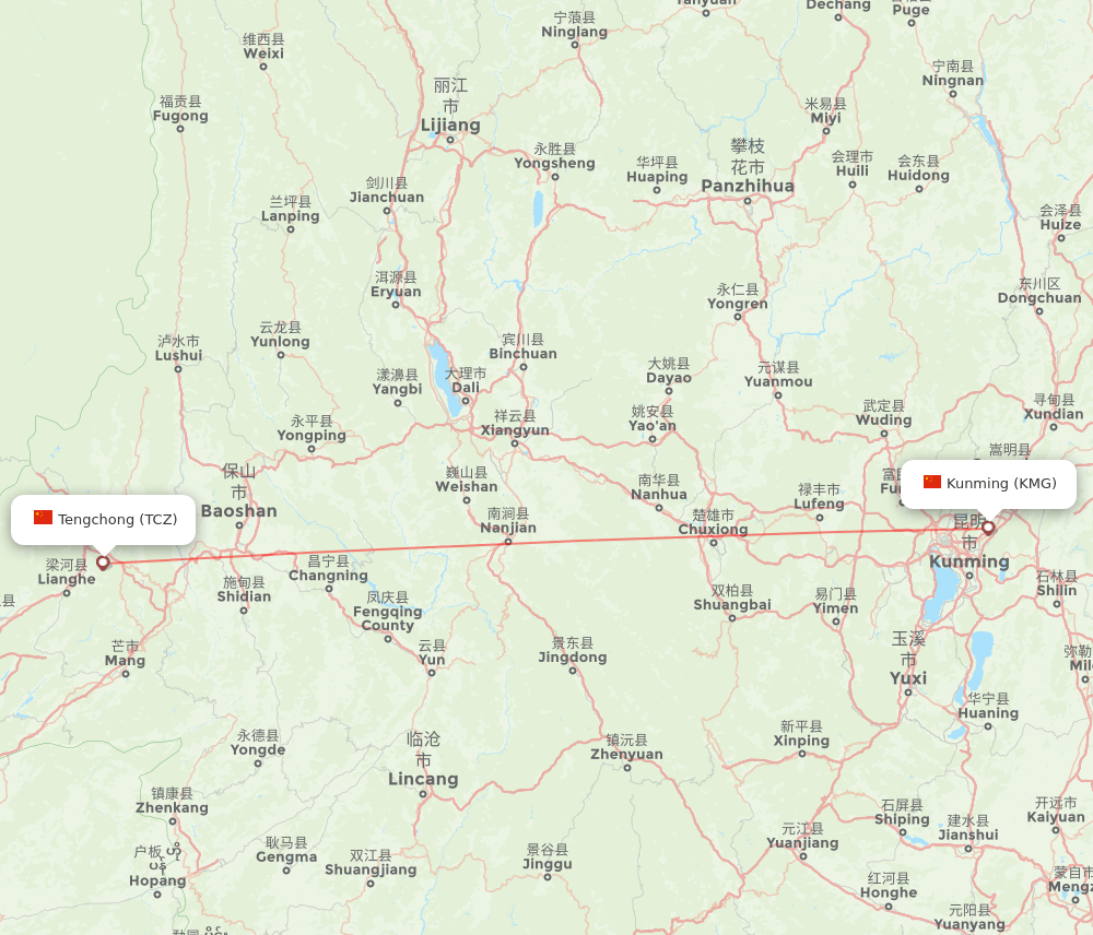 Kunming - Tengchong route map and flight paths