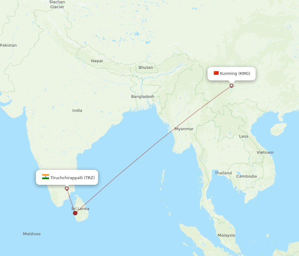 Tiruchirappalli - Kunming route map and flight paths