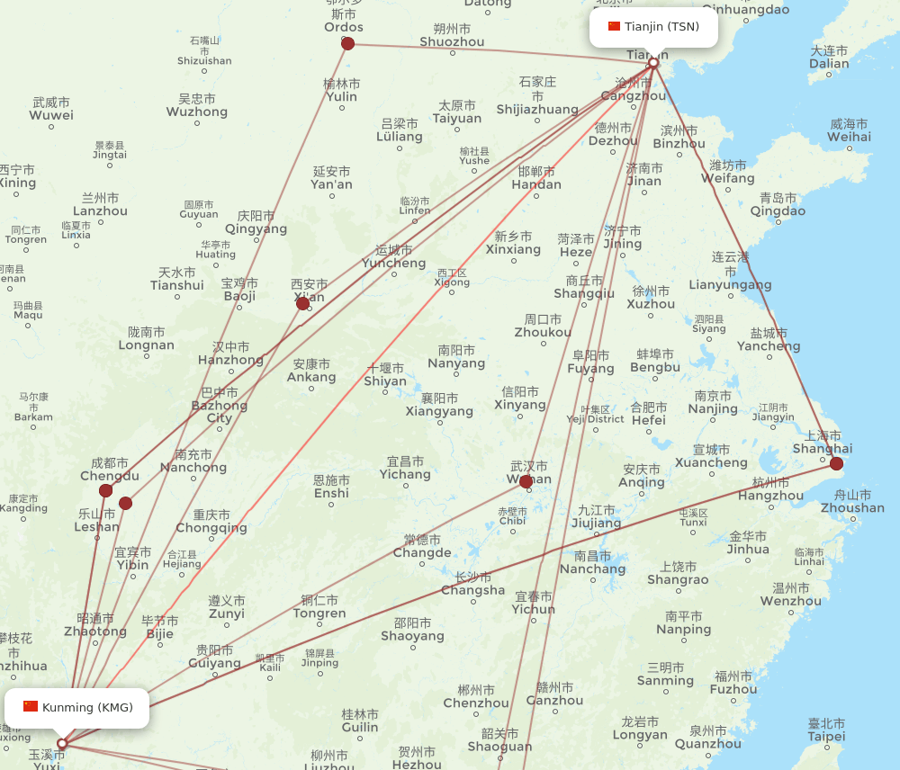 KMG-TSN flight routes