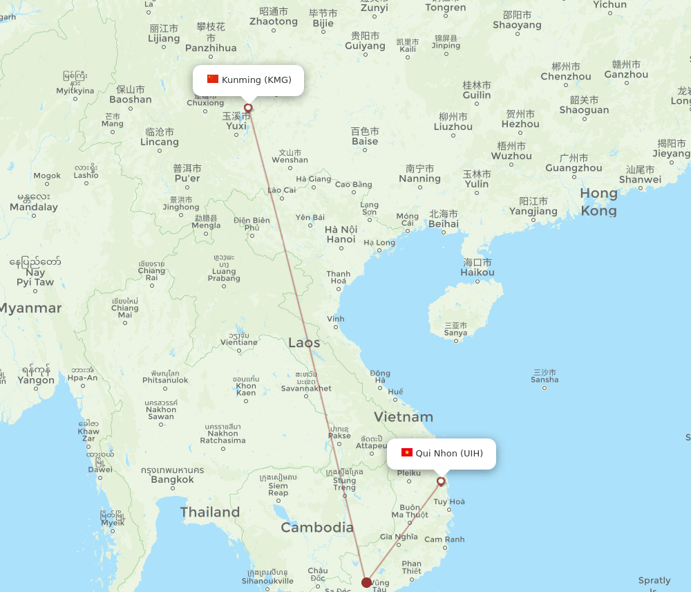 Qui Nhon - Kunming route map and flight paths