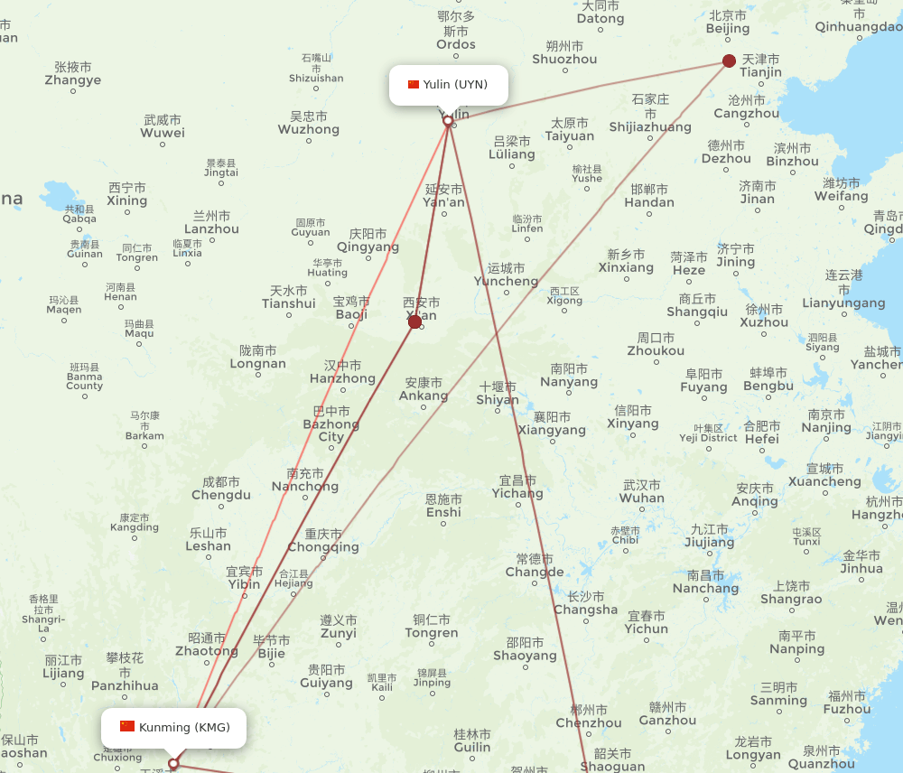 KMG-UYN flight routes