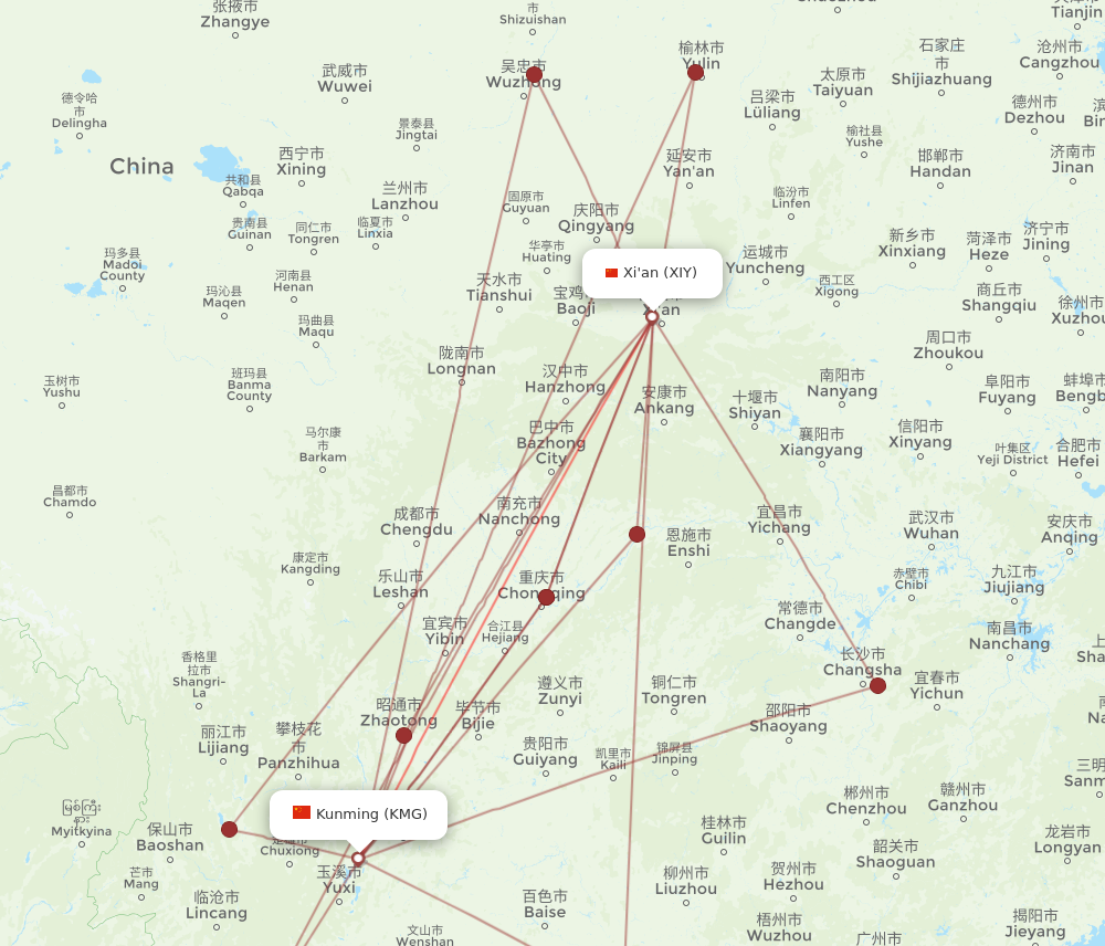 KMG to XIY flights and routes map