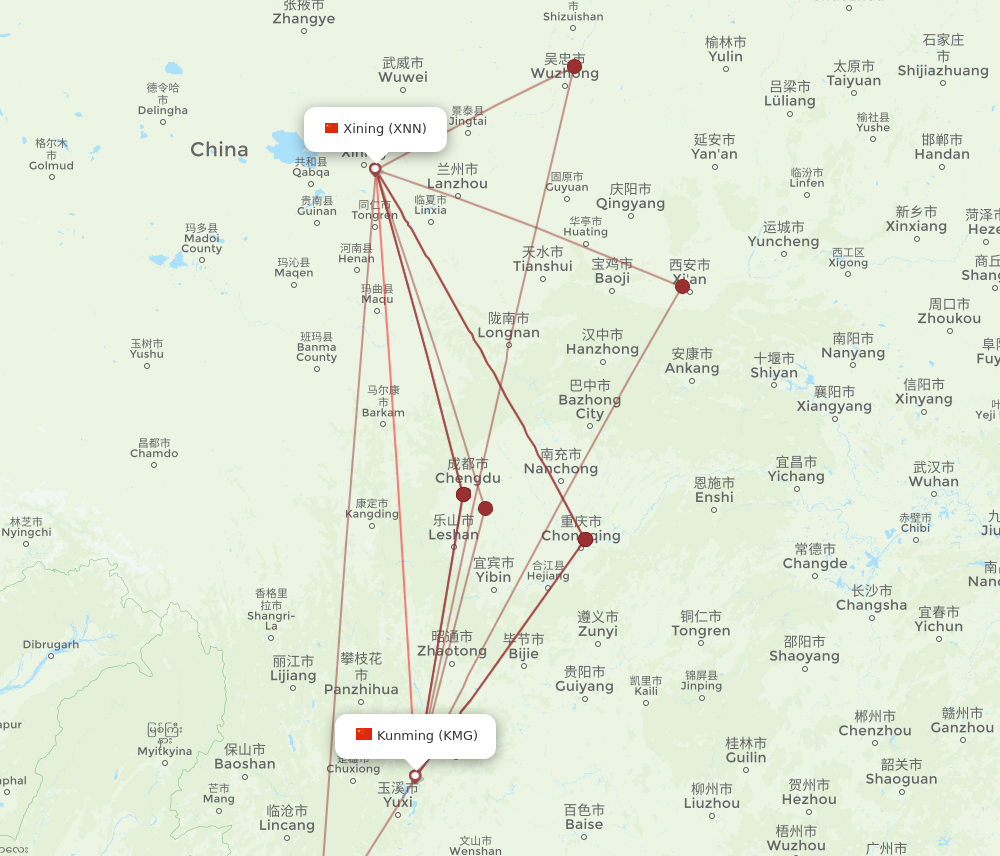 KMG to XNN flights and routes map
