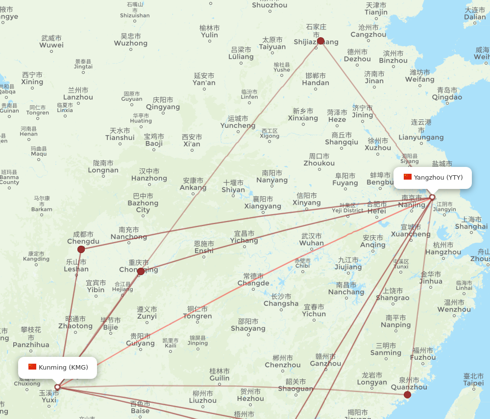KMG to YTY flights and routes map