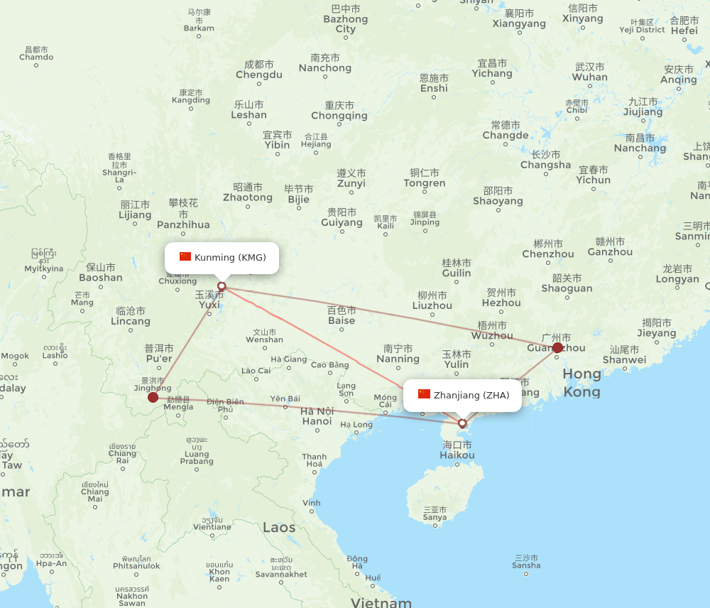 KMG-ZHA flight routes