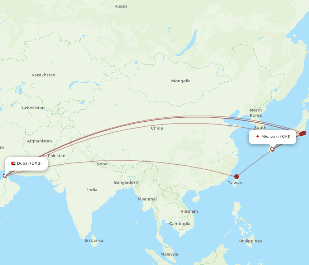 KMI to DXB flights and routes map