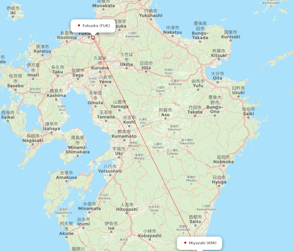 Miyazaki - Fukuoka route map and flight paths