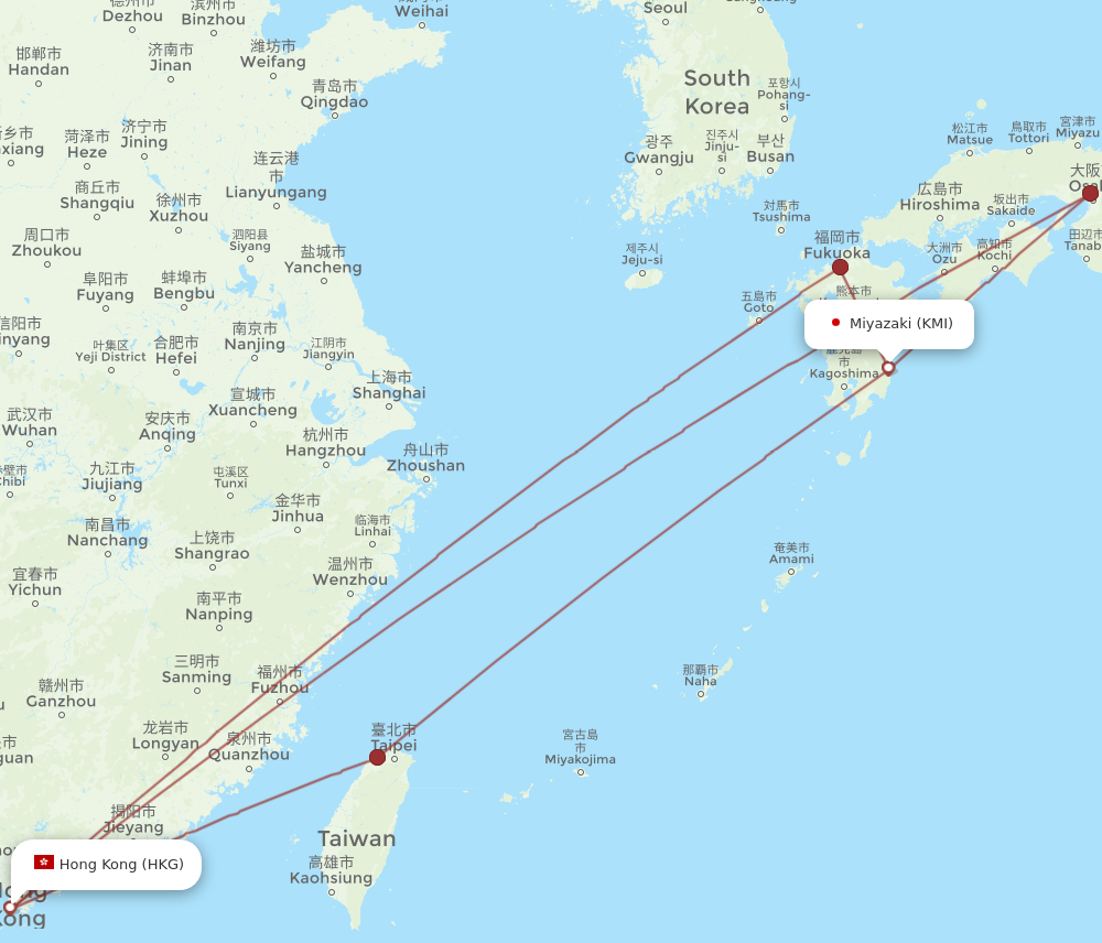 KMI to HKG flights and routes map