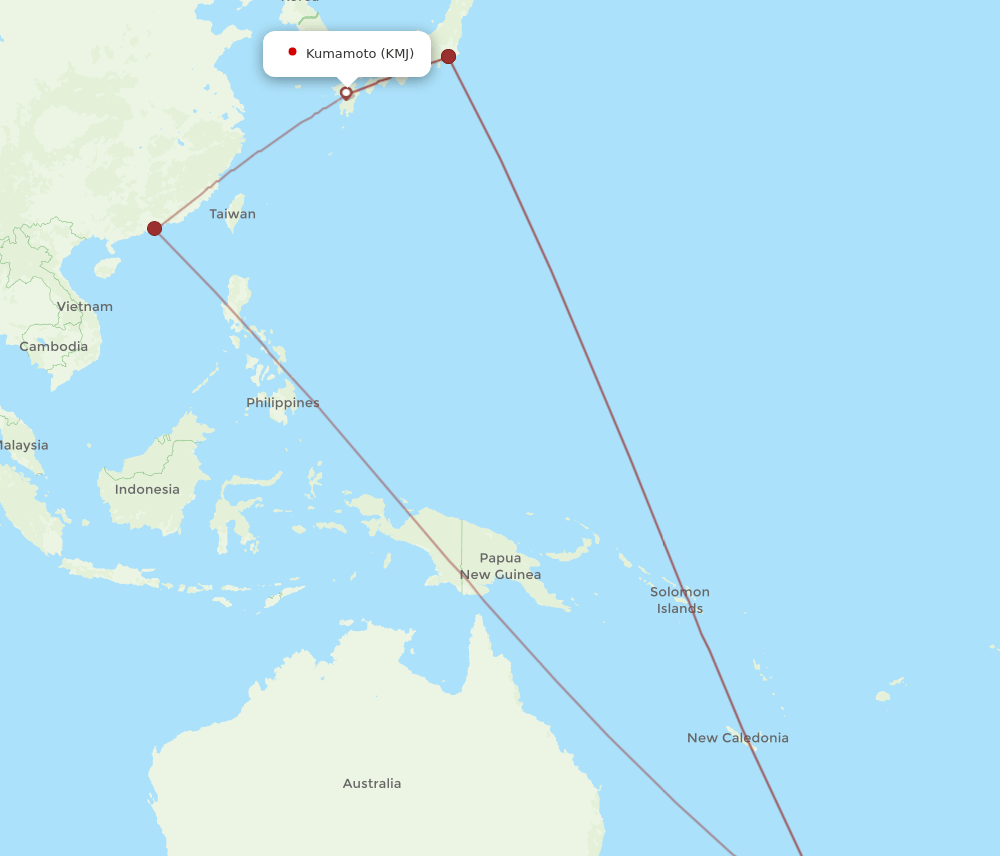 Auckland - Kumamoto route map and flight paths