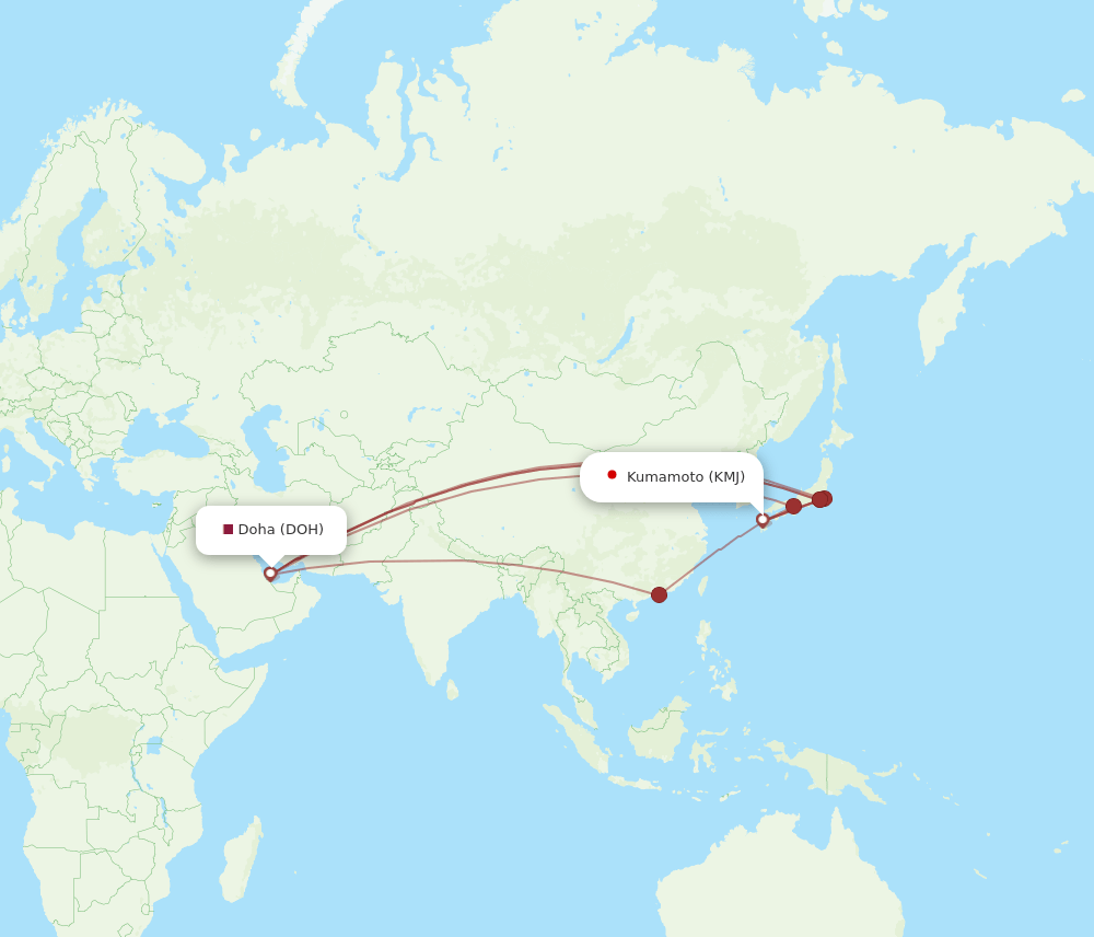 Doha - Kumamoto route map and flight paths