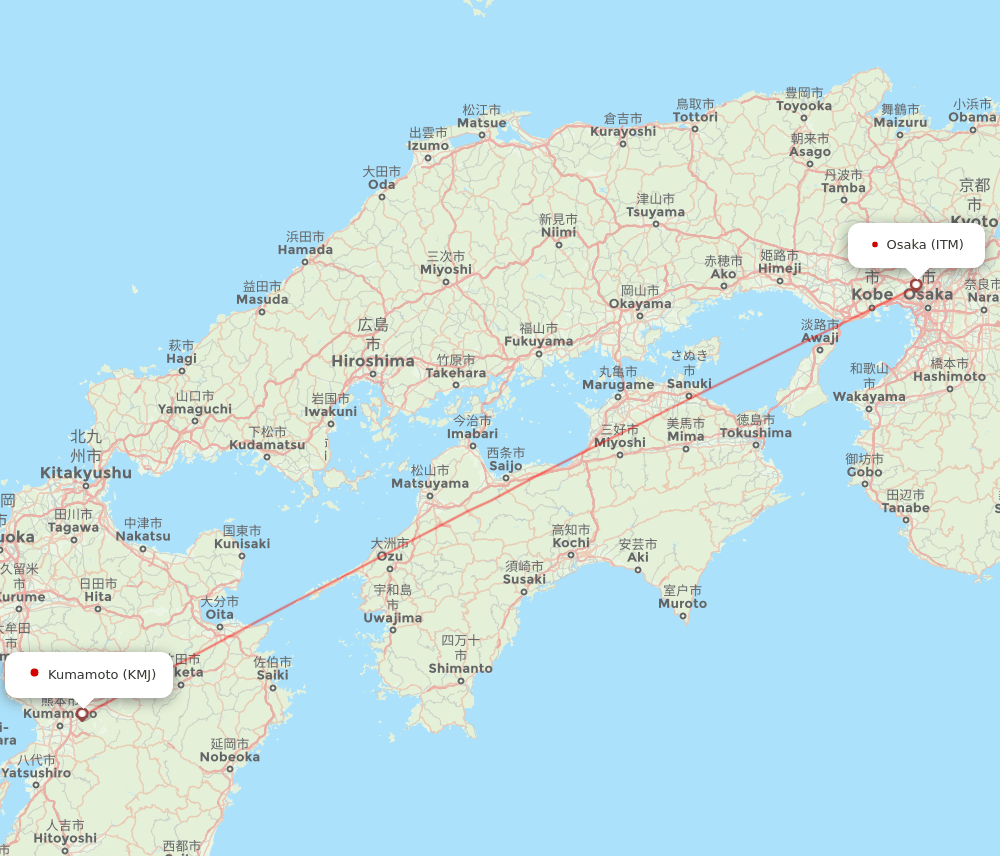 Kumamoto - Osaka route map and flight paths
