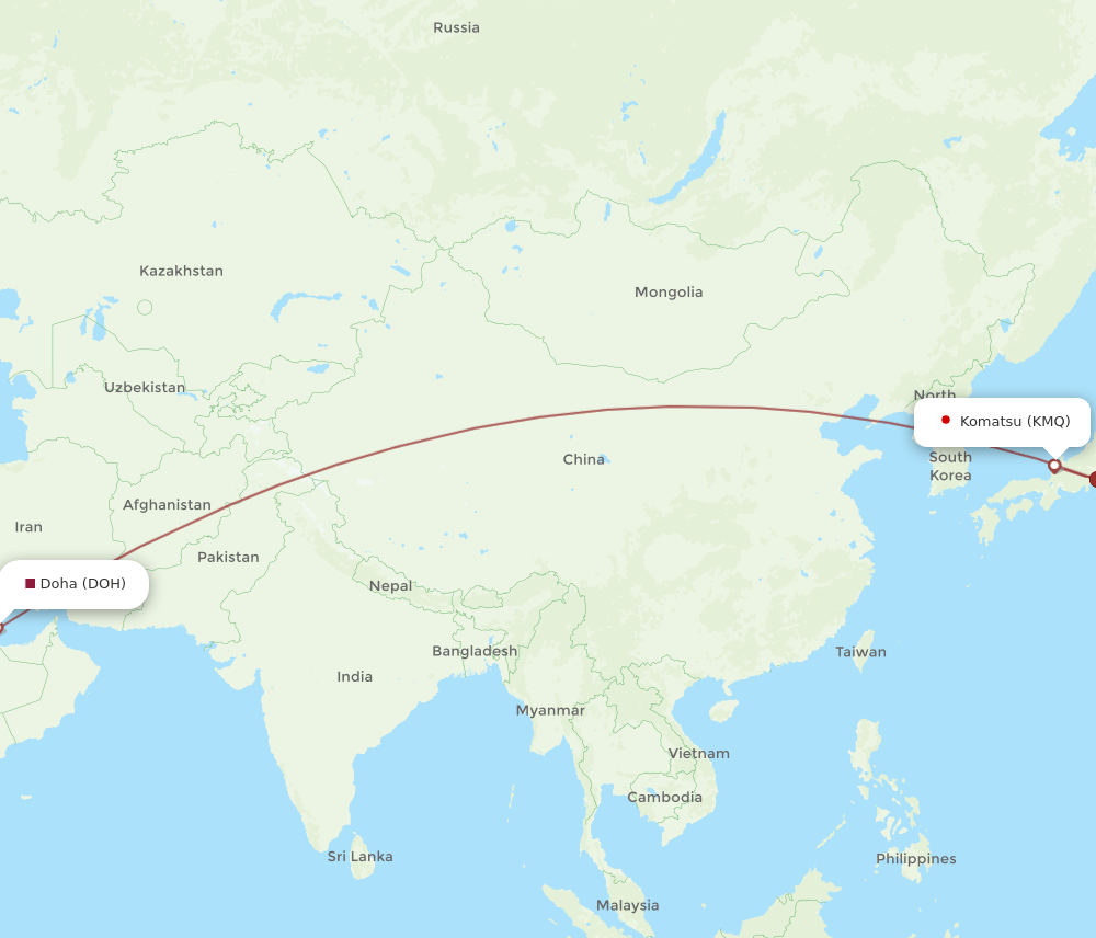 Doha - Komatsu route map and flight paths