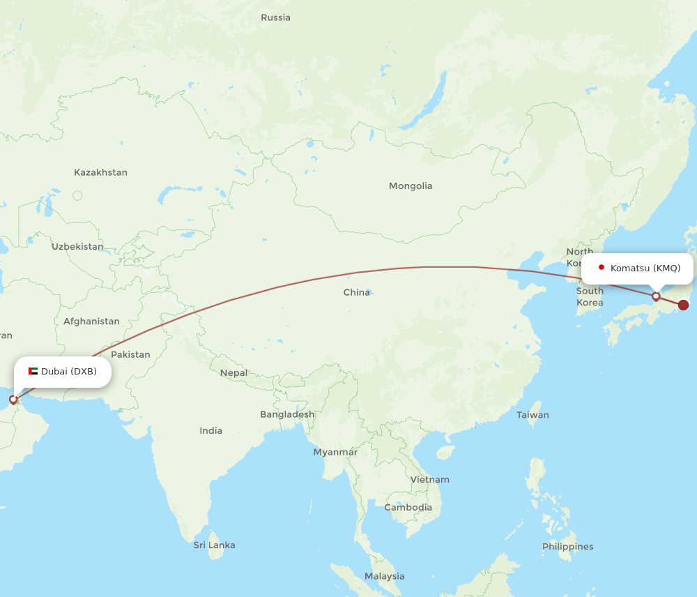Dubai - Komatsu route map and flight paths