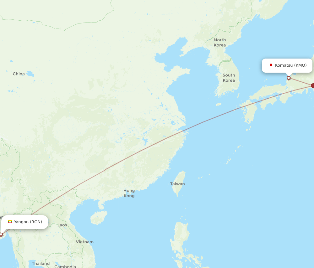Komatsu - Yangon route map and flight paths