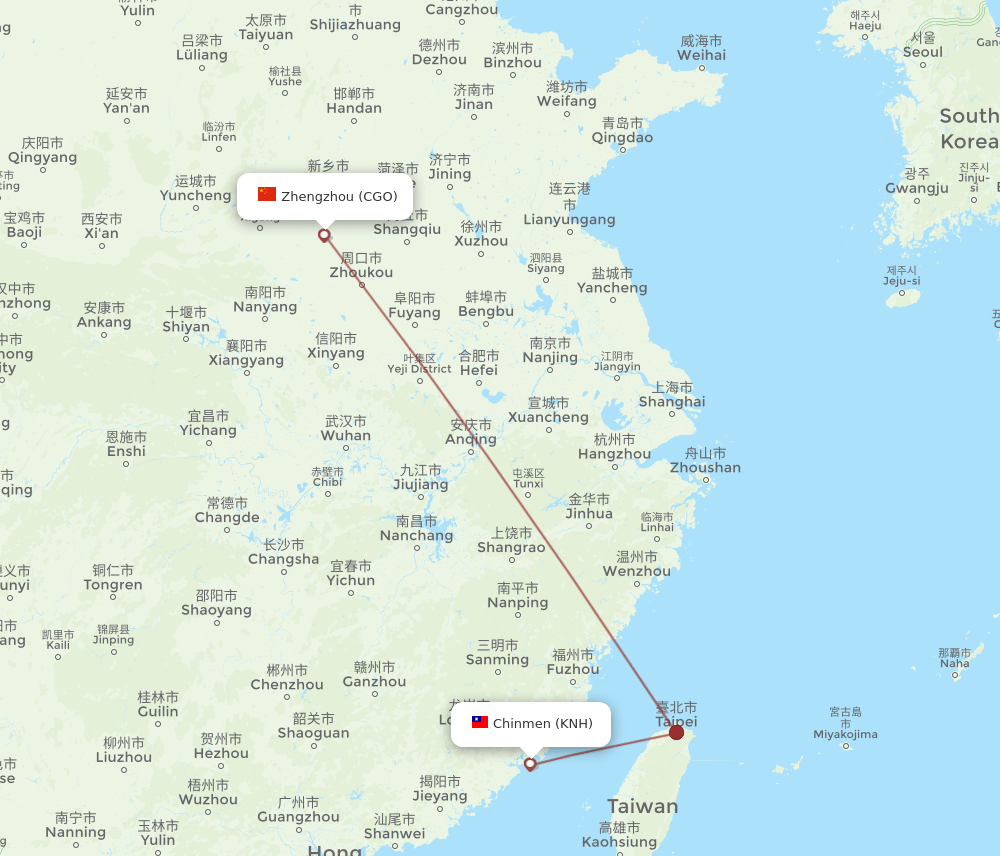 Zhengzhou - Kinmen route map and flight paths