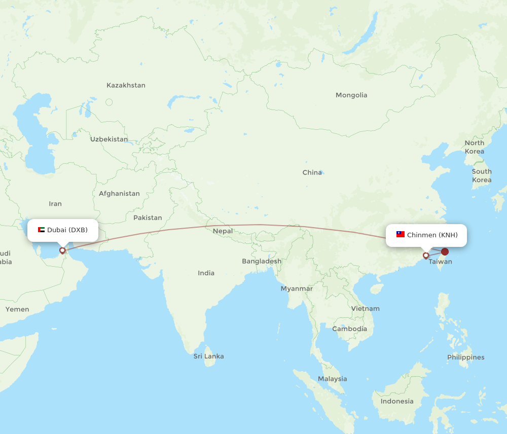 KNH to DXB flights and routes map
