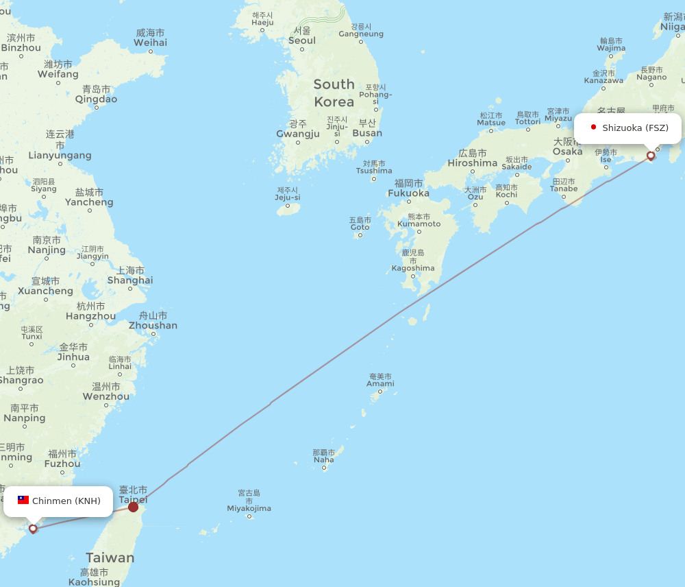 Kinmen - Shizuoka route map and flight paths