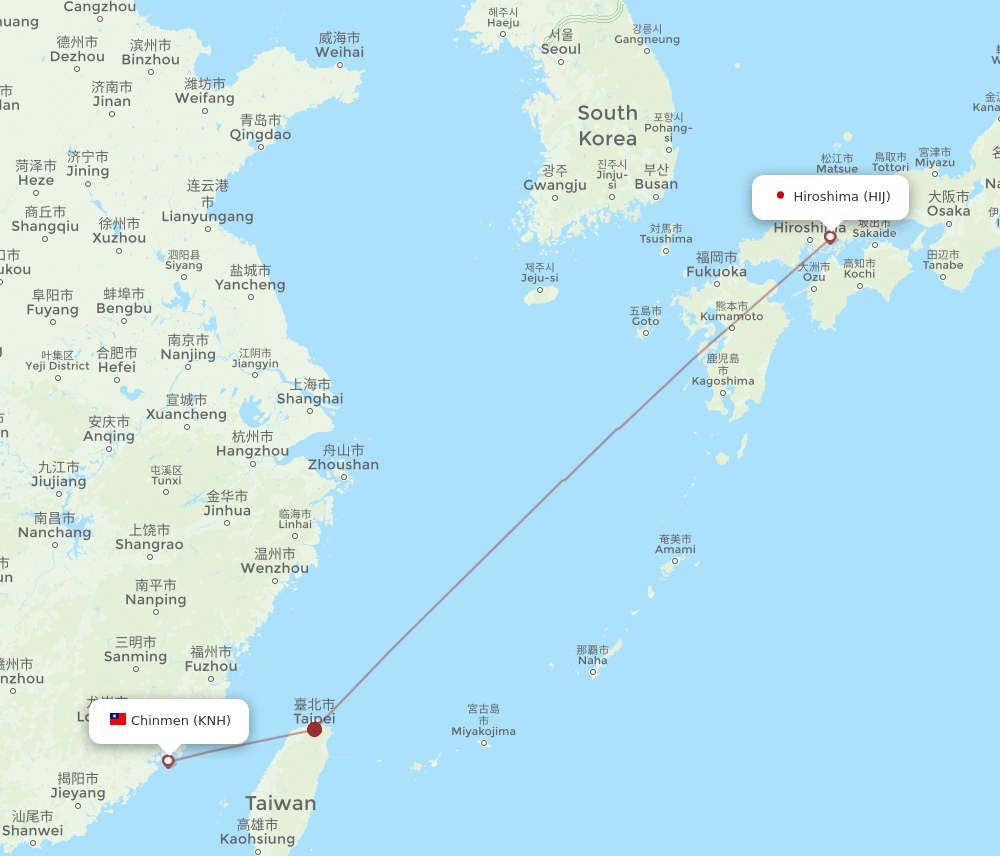 Hiroshima - Kinmen route map and flight paths