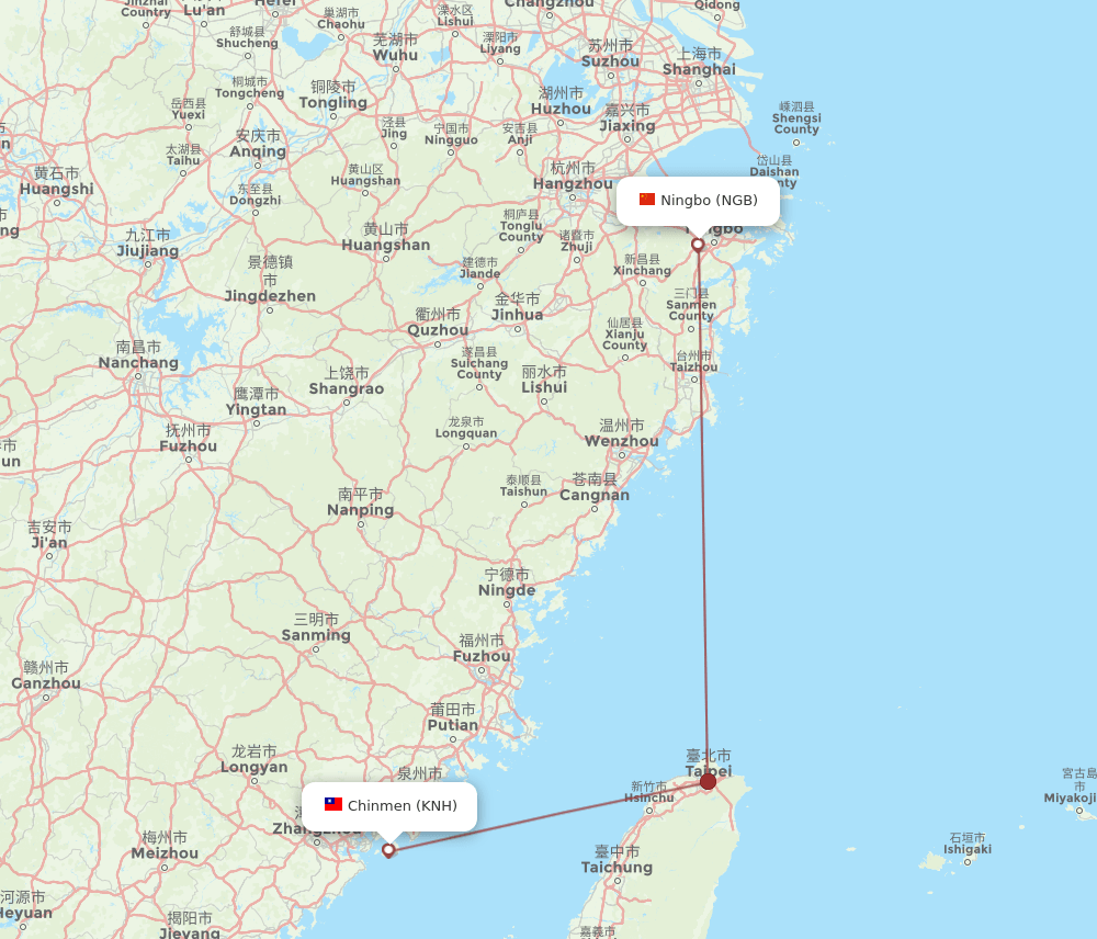 Ningbo - Kinmen route map and flight paths