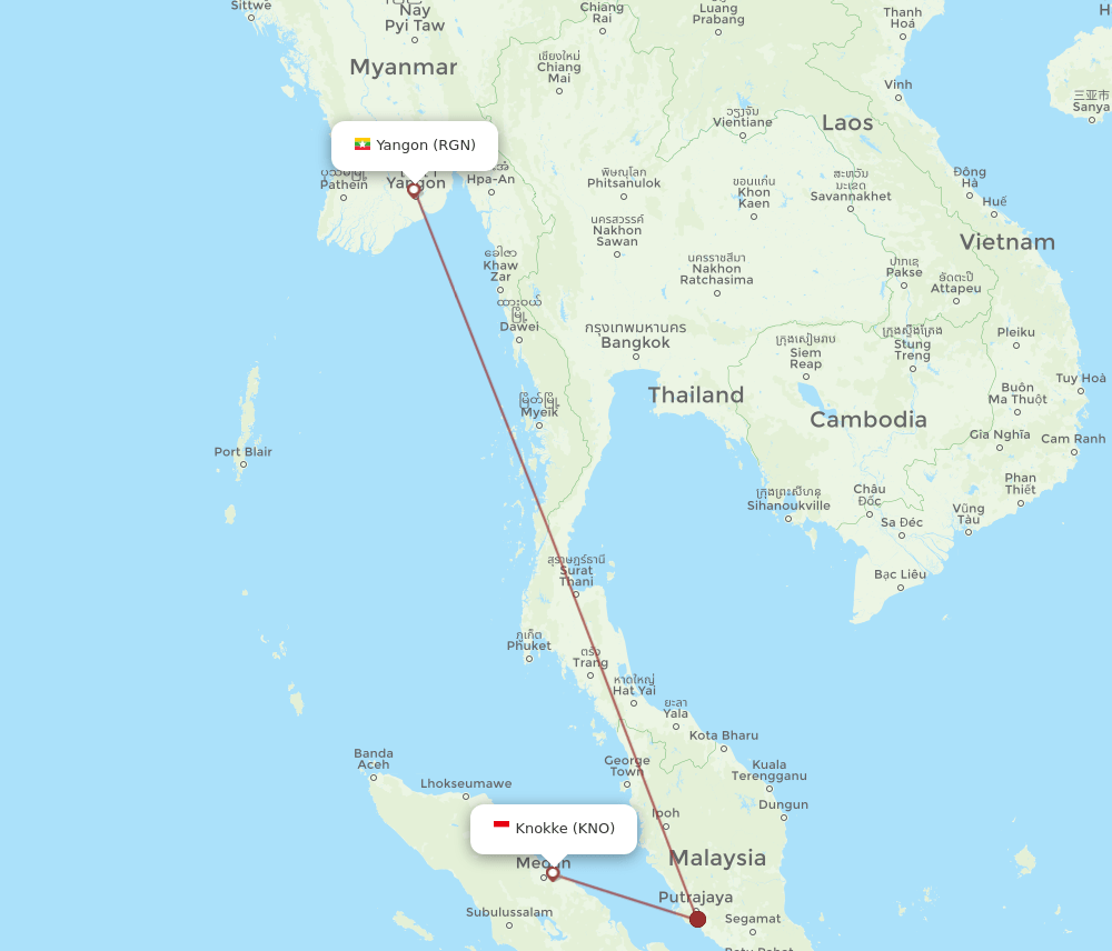 KNO to RGN flights and routes map
