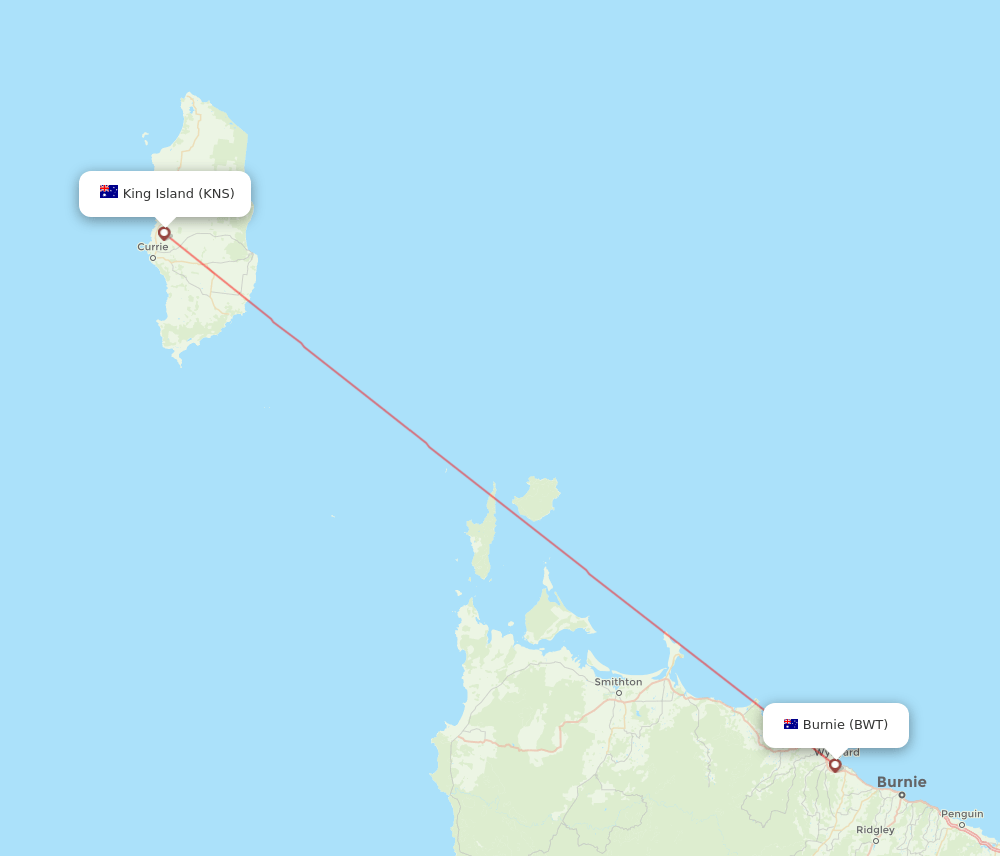 KNS to BWT flights and routes map