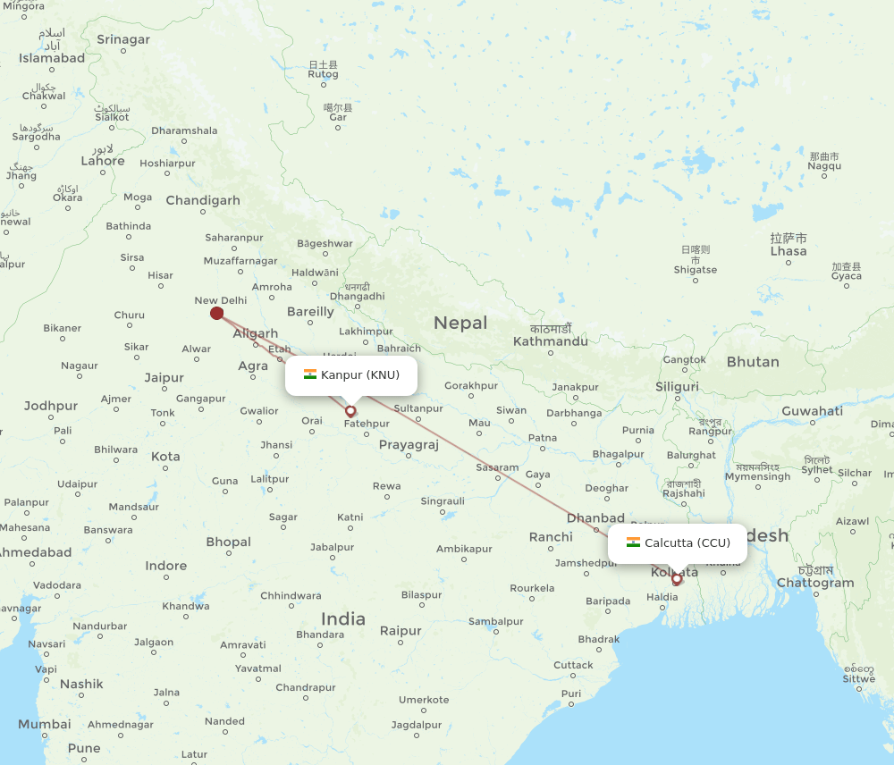 Kolkata - Kanpur route map and flight paths