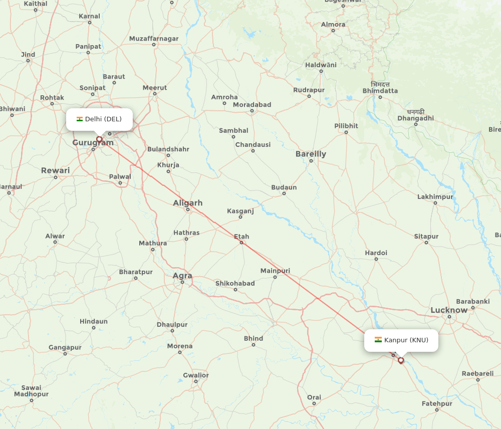 Kanpur - Delhi route map and flight paths