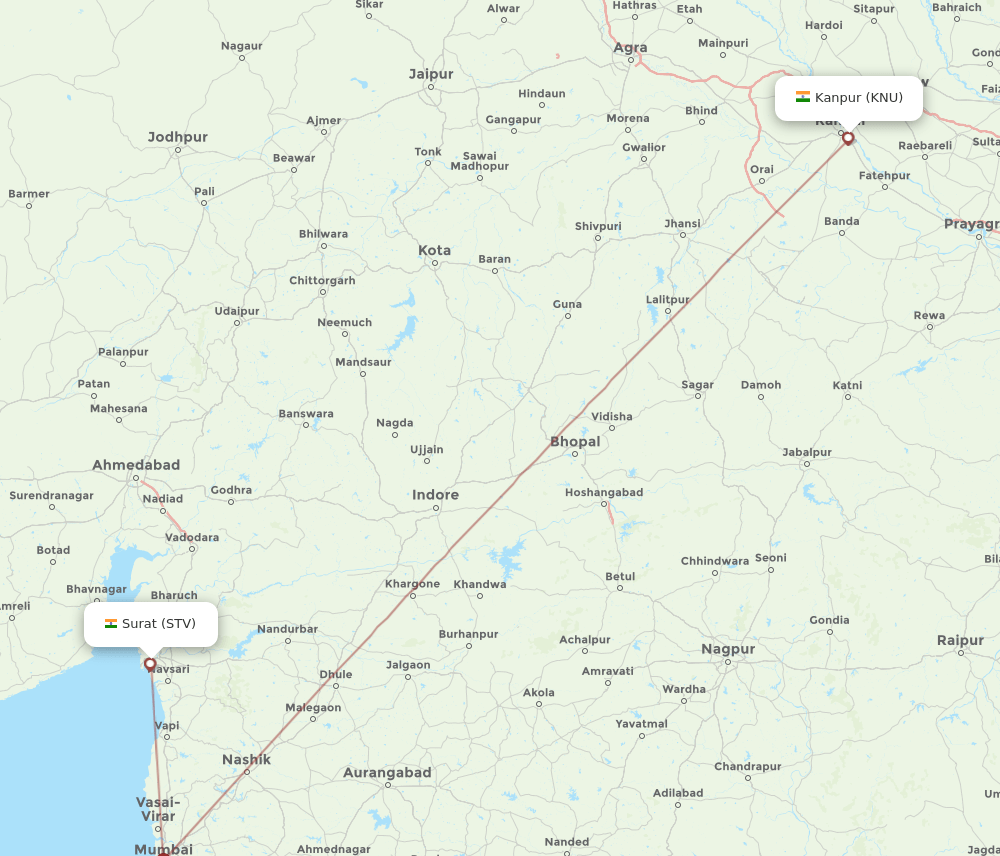 Surat Gujarat - Kanpur route map and flight paths