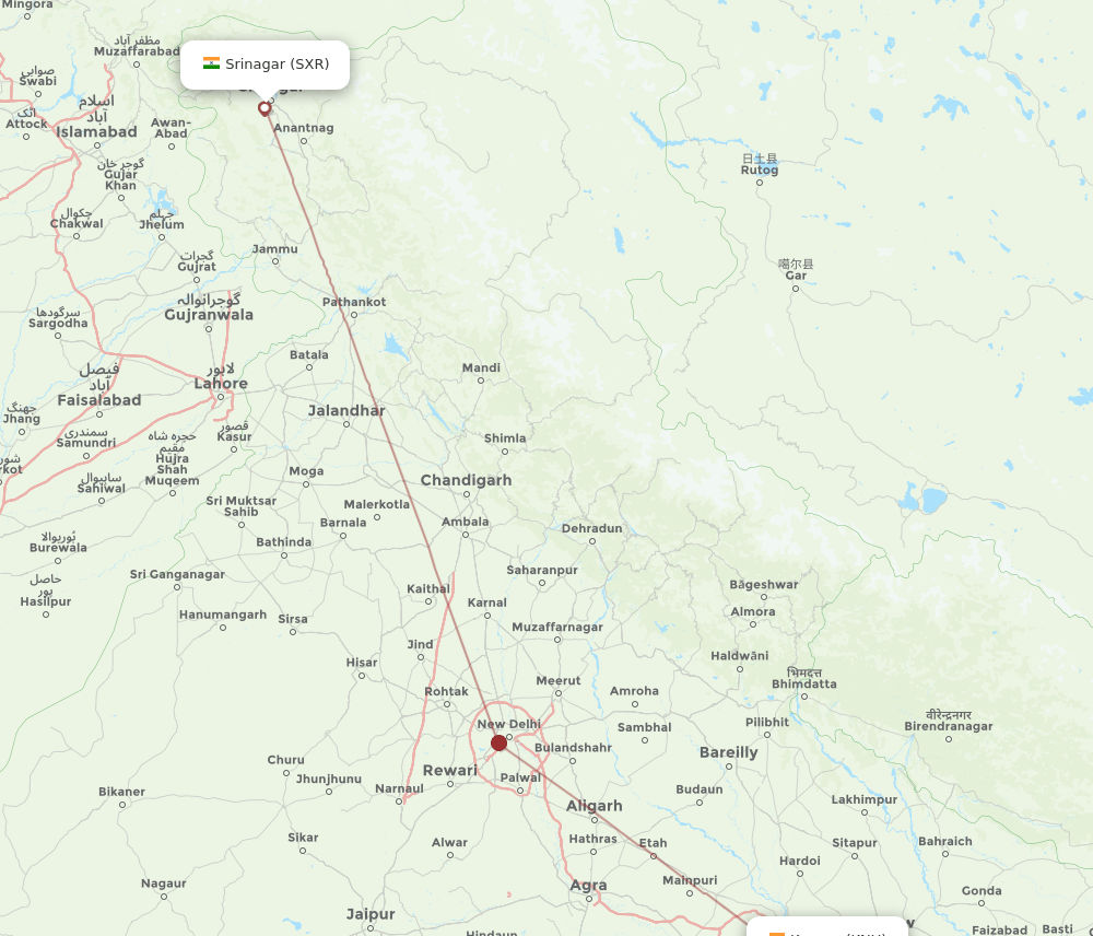 Srinagar - Kanpur route map and flight paths