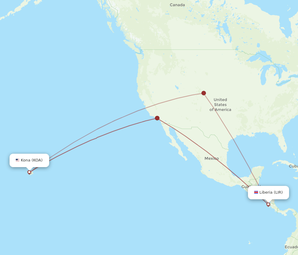 KOA to LIR flights and routes map