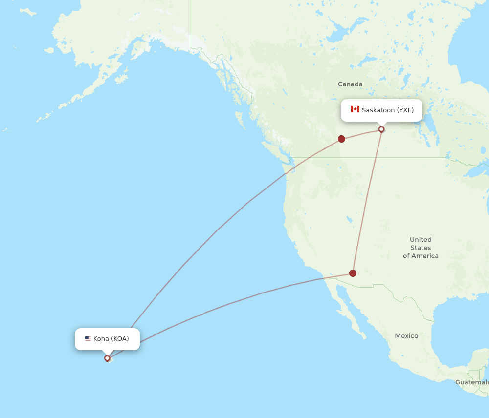 Saskatoon - Kailua-Kona route map and flight paths
