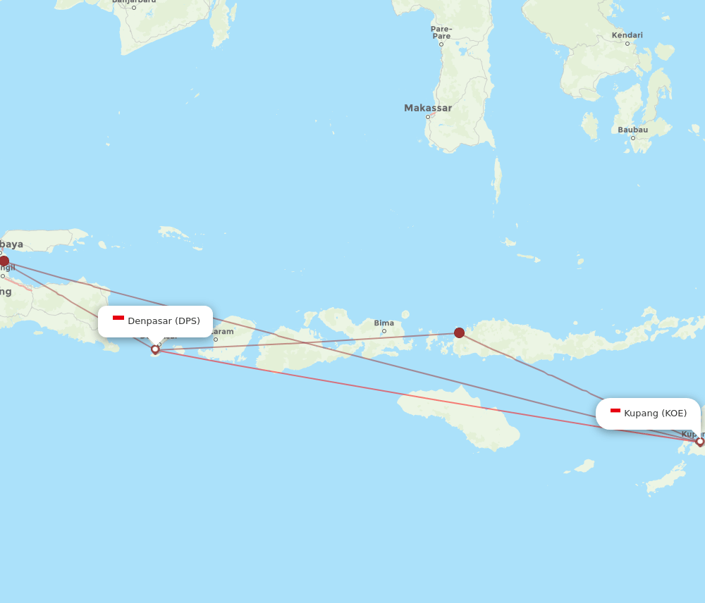 KOE-DPS flight routes