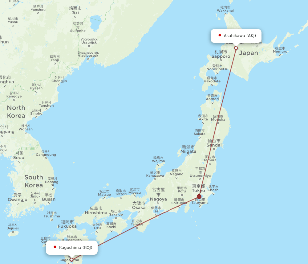 KOJ to AKJ flights and routes map